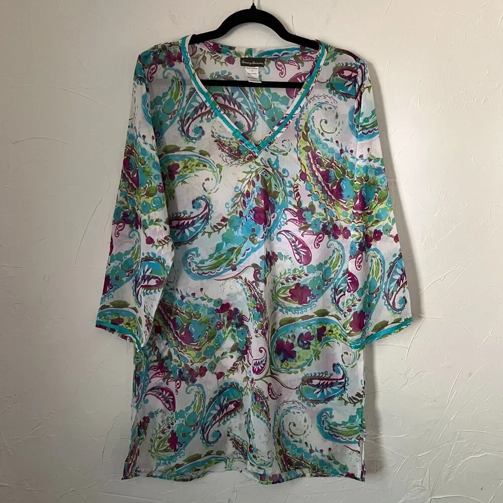 Tommy Bahama Paisley Tunic Cover Up Resort Beach Vacation Blue Purple Size L
